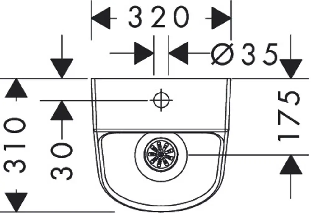 Urinal mit oben liegendem Zulauf und hinten liegendem Ablauf. Entwurf von Hansgrohe, spülrandlos, in Weiß, mit einer runden Form und zentraler Entwässerung.
